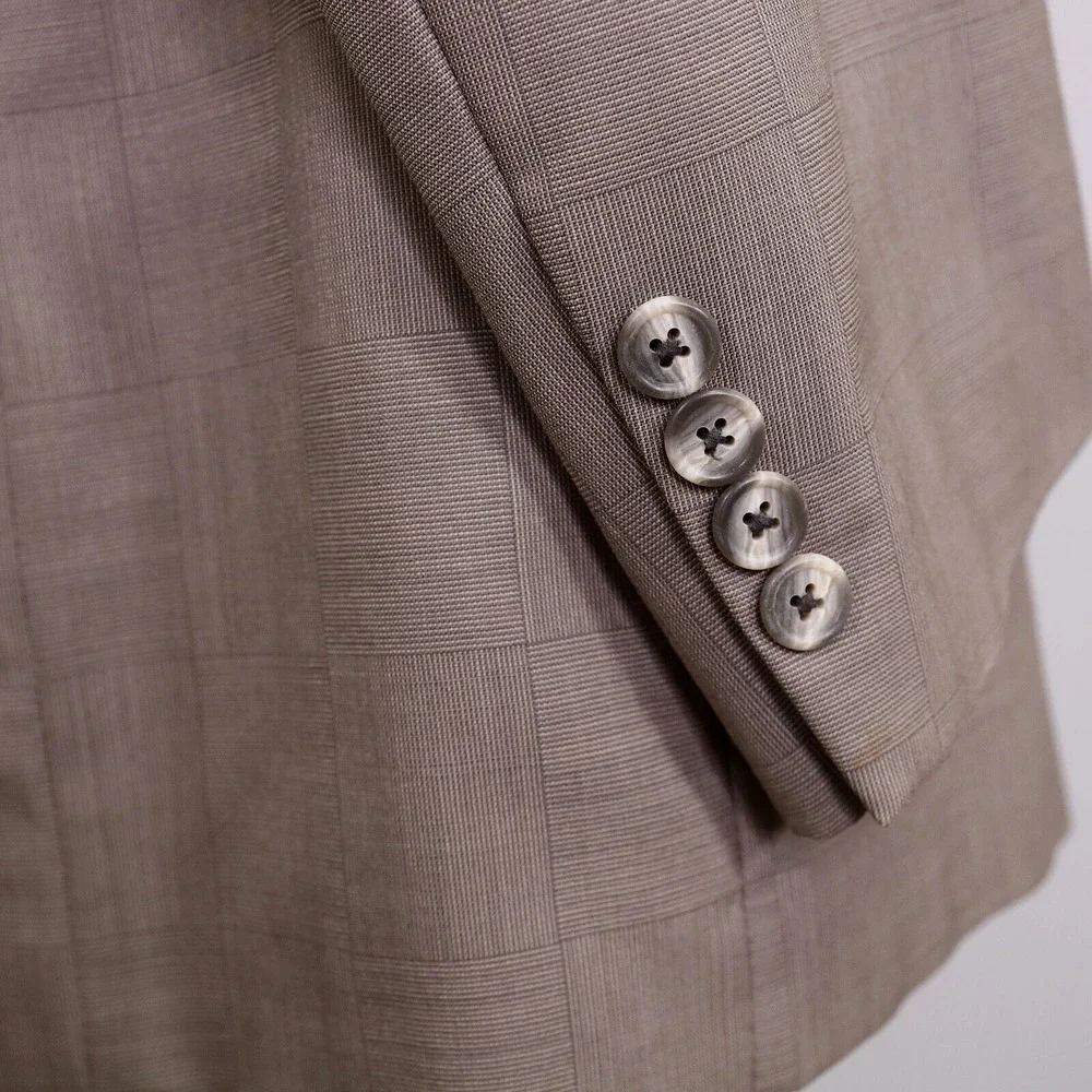 Burberrys Sport Coat Mens 43L Wool Beige Taupe Plaid Jacket Lined Blazer Vintage